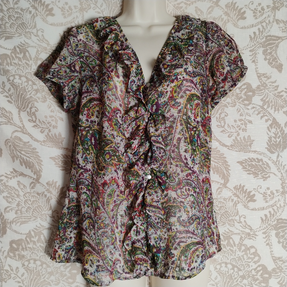 Ann Taylor LOFT Paisley Ruffle Blouse | Boho Multicolor Print Sheer Top | Size M